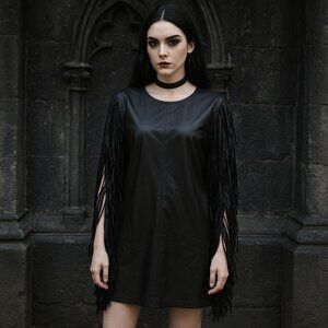 LFA New York Black Faux Leather And Knit Fringe Dress Costume Gothic Grunge 8